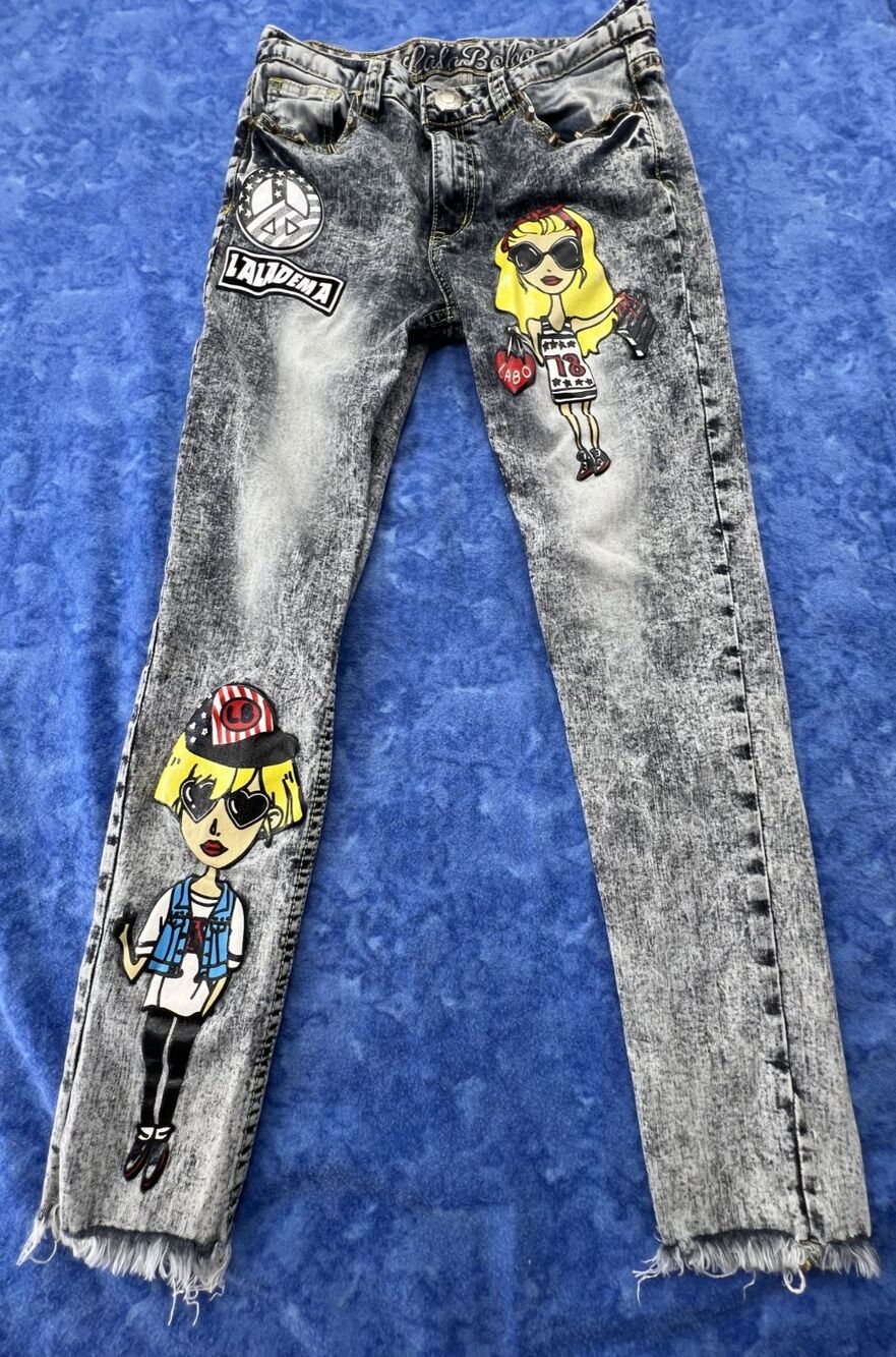 LalaBobo Black Light Wash Patched Lettered Laladema 90 Vintage Jeans Size 28